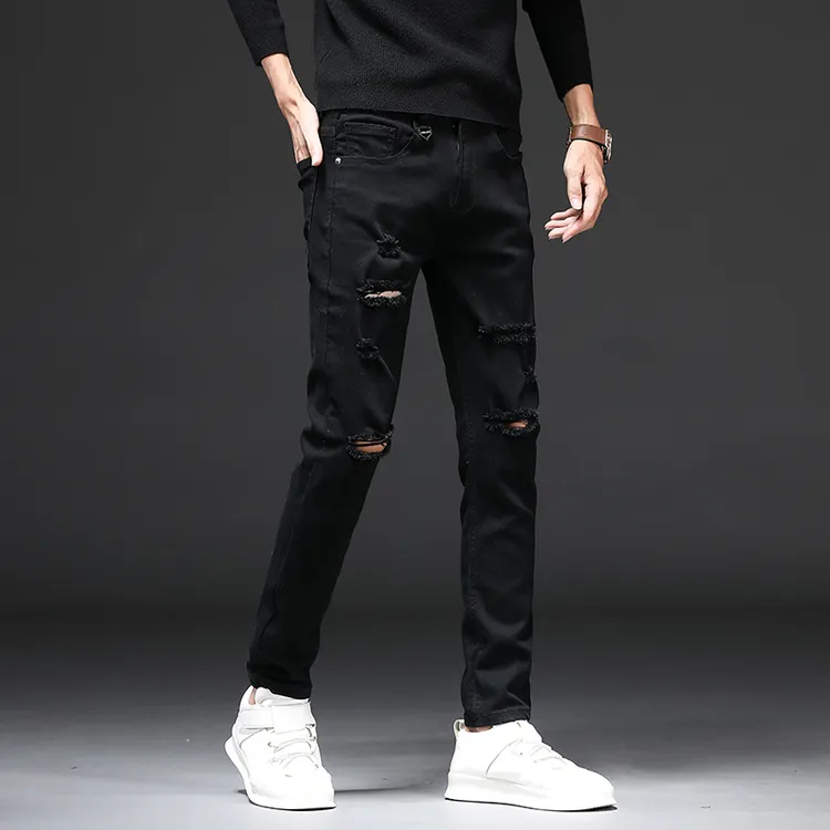 秋冬厚款时尚潮流修身小脚牛仔裤男款破洞黑色乞丐长裤九分小黑裤
