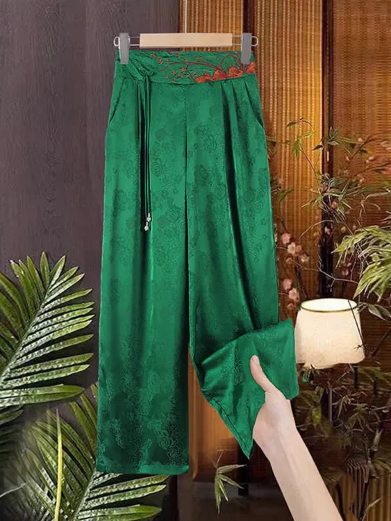 新中式国风刺绣提花女士休闲裤宽松长裤2024新款高档阔腿裤女