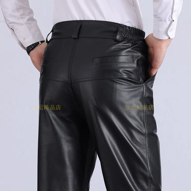 真皮皮裤男休闲高腰直筒大码秋冬季保暖加绒骑行头层牛皮高档软皮