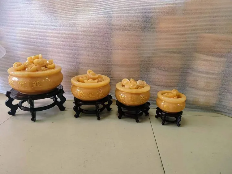 天然阿富汗玉石聚宝盆客厅中式玄关博古架摆件办公室送礼桌面摆设