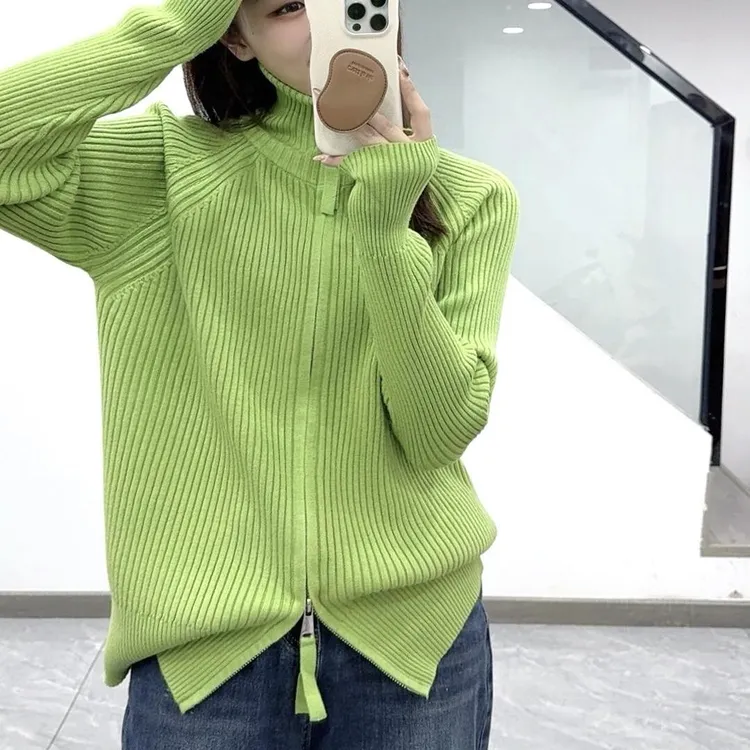 高领毛衣女长袖冬季设计感坑条糖果色设计感小众外搭针织开衫外套