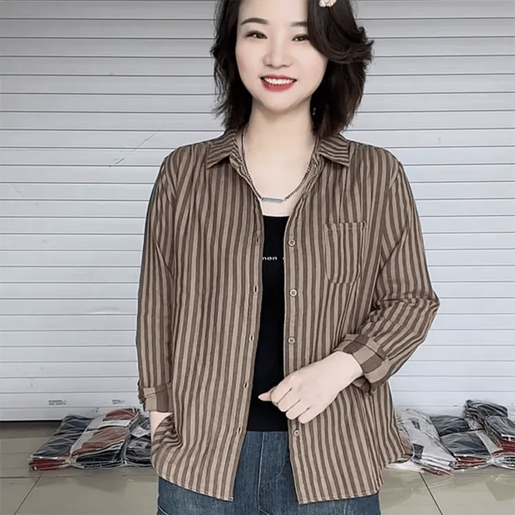 2024年春季新款复古休闲衬衫显瘦条纹上衣女法式气质减龄薄款外搭