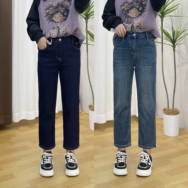 梨形身材弹力烟管牛仔裤女春秋小个子胖mm大码高腰宽松显瘦直筒裤