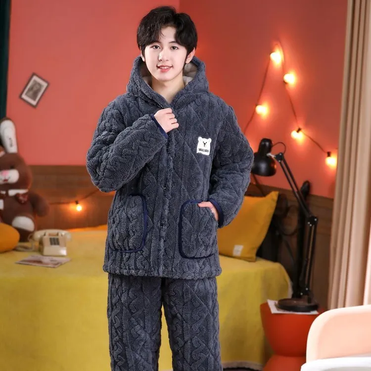 青少年法兰绒睡衣男孩冬季三层夹棉加厚珊瑚绒中大童女家居服套装