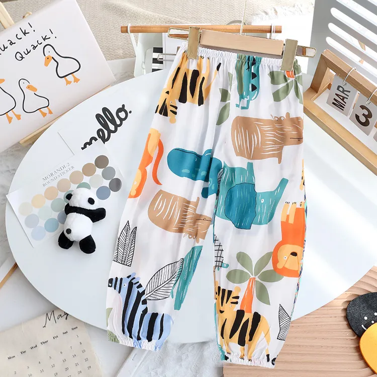 儿童睡裤棉绸长裤居家裤薄款小孩夏季男童女童束脚灯笼防蚊空调裤