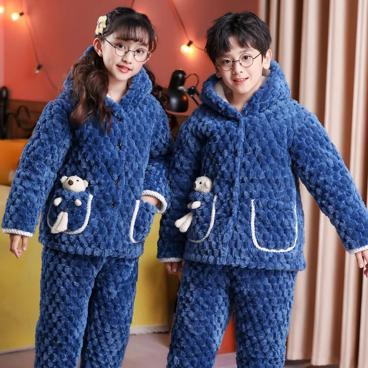 儿童睡衣男童冬季三层夹棉加绒加厚珊瑚绒可爱女孩大童套装家居服