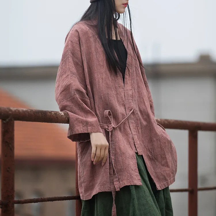 苎麻扎染褶皱做旧春秋棉麻女装新款斜襟系带衬衣禅意流浪风女外套