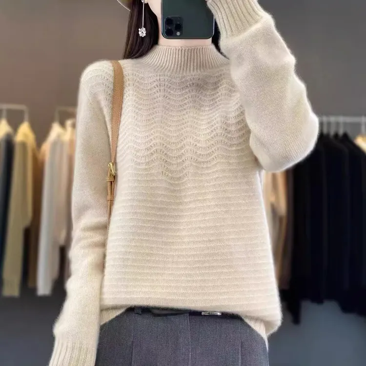 一线成衣半高领羊毛衫女短款百搭宽松气质针织羊绒打底毛衣加厚