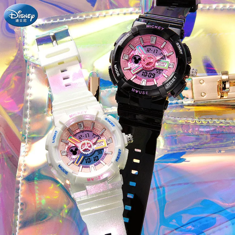 迪士尼Disney 运动手表女初中学生少女可爱马卡龙高中生夜光防水