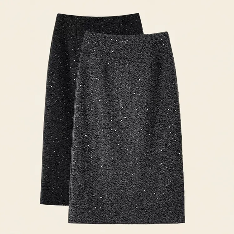 黑色高级感亮片毛呢半身裙女2025新款秋冬高腰直筒a字显瘦中长裙