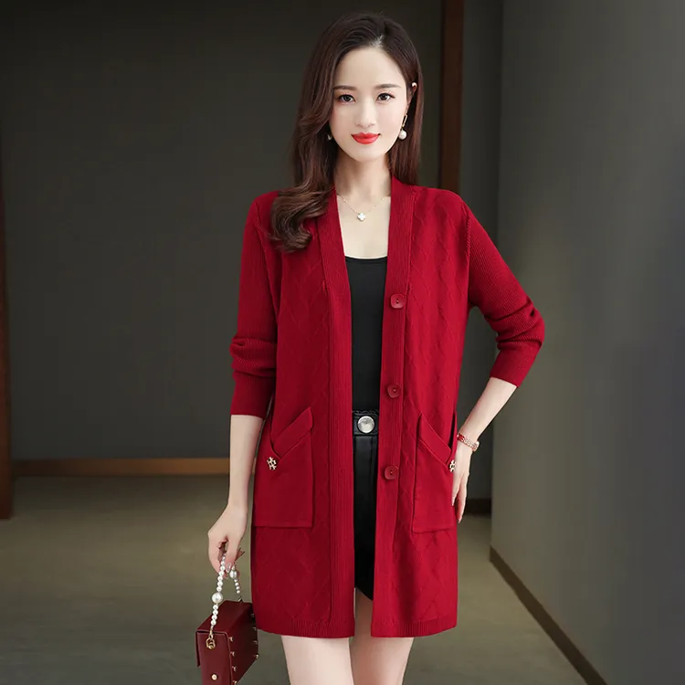 外搭针织开衫女中长款春秋2024新款中年妈妈装小个子毛衣披肩外套