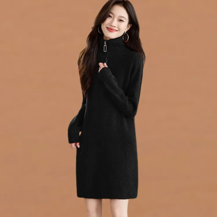 半拉链翻领中长款亮丝毛衣女秋冬2025新款内搭针织遮屁股打底衫厚