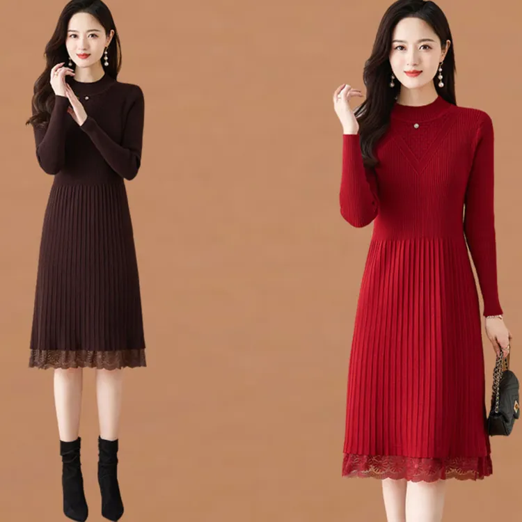 小个子针织连衣裙内搭2025秋冬新款收腰显瘦配大衣蕾丝打底毛衣裙