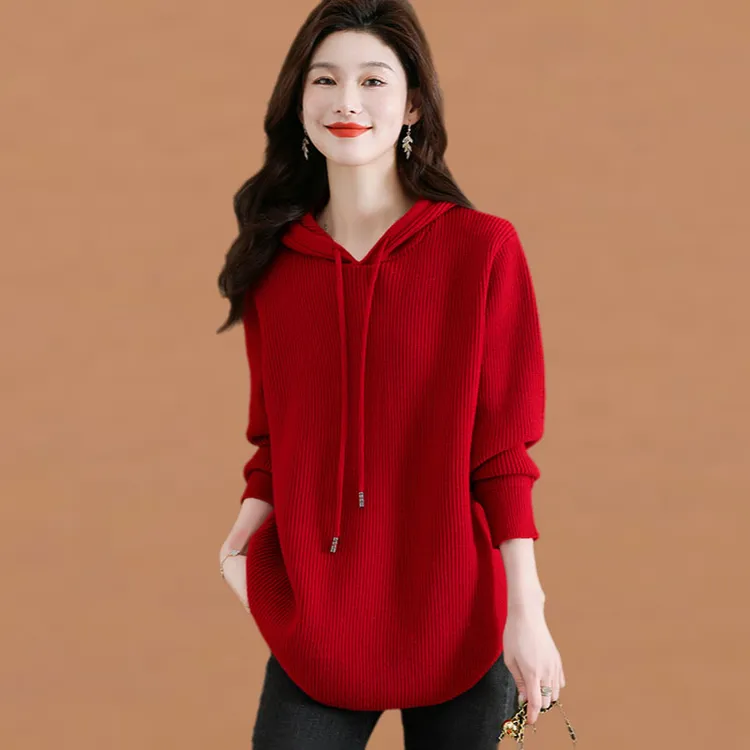 连帽针织红色毛衣女春秋中长款宽松大码减龄帽衫上衣厚长袖打底衫