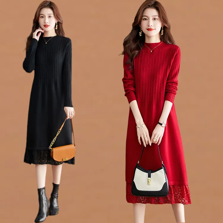半高领针织蕾丝连衣裙女内搭秋冬季2024新款中长款打底宽松毛衣裙