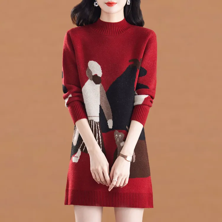 秋冬中长款卡通图案毛衣裙女遮屁股洋气2025新款提花加厚打底衫潮