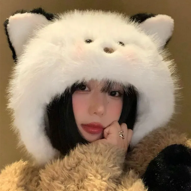 可爱腮红毛绒帽子冬季卡通加厚护耳帽显脸耳朵防寒雷锋帽护耳帽