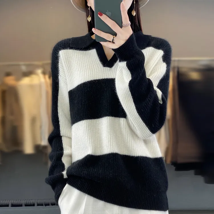 2023秋冬半开领纯羊毛衫拼色条纹加厚宽松慵懒风时尚毛衣打底衫女