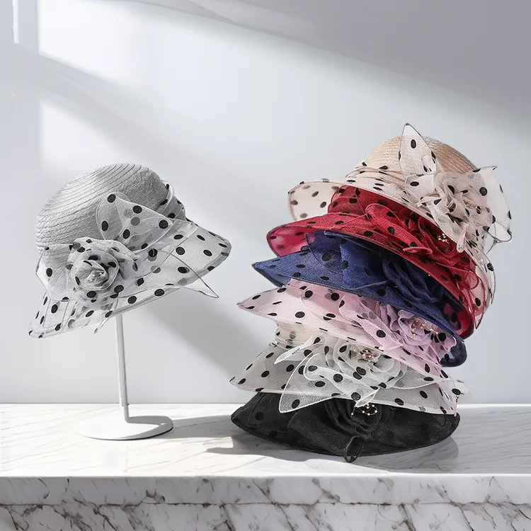 渔夫帽子女春夏季中老年欧根纱花朵凉帽优雅遮阳帽防晒妈妈盆帽子