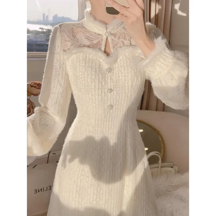 新中式国风改良茶服加绒女春冬富家千金御姐风温柔白色打底连衣裙