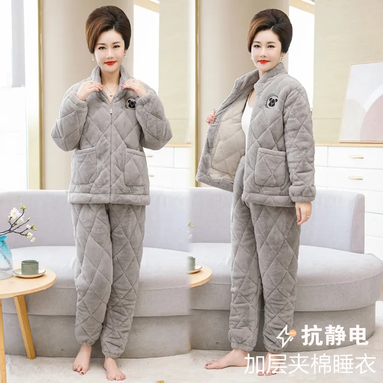 冬季中老年珊瑚绒睡衣女妈妈夹棉奶奶婆婆家居服加厚加绒保暖老人
