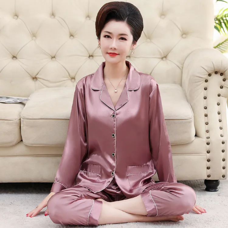 春秋季45-60岁高档妈妈睡衣女冰丝套装夏季空调房中年婆婆家居服