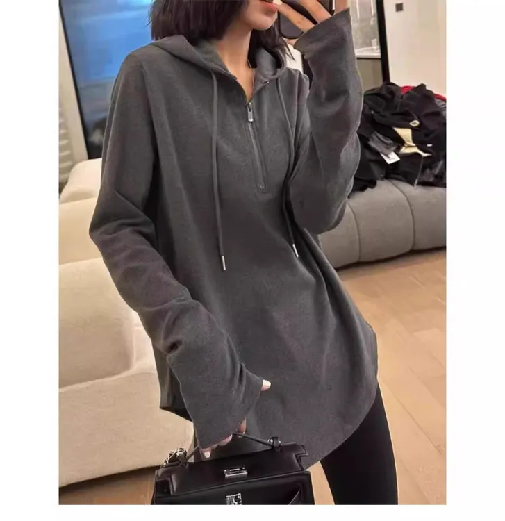 深灰色连帽长袖t恤女秋冬新款宽松显瘦休闲设计感中长款上衣