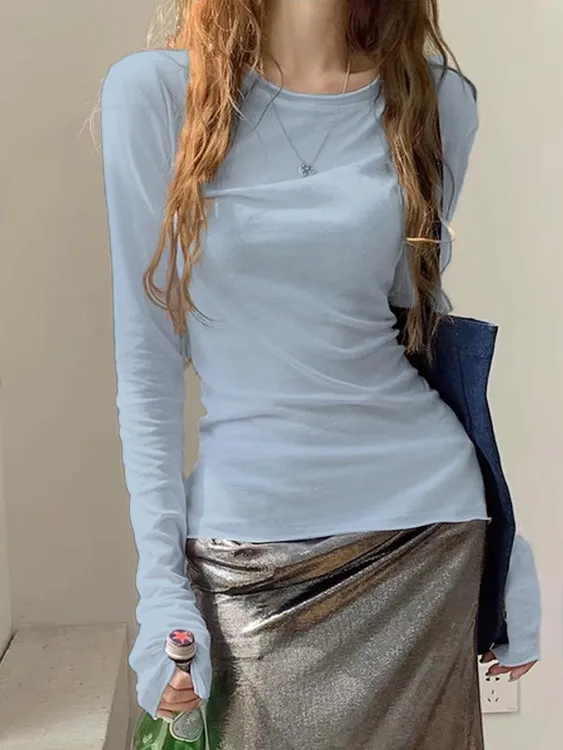 春秋辣妹微透防晒长袖打底衫女蓝色圆领薄款修身纯色T恤上衣ins