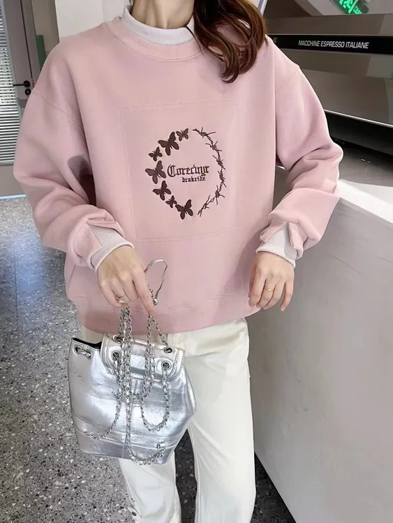 【一品甄选】重工刺绣群舞蝴蝶假两件加厚加绒保暖 秋冬女款卫衣