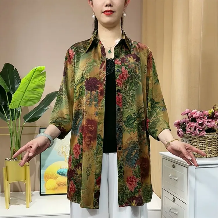 妈妈夏季七分袖开衫薄外套中老年女装大码宽松时尚衬衫中长款