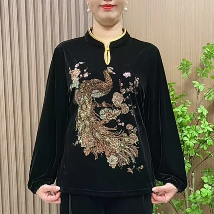妈妈秋冬新中式小衫2024新款中老年女装冬季立领洋气烫砖打底衫