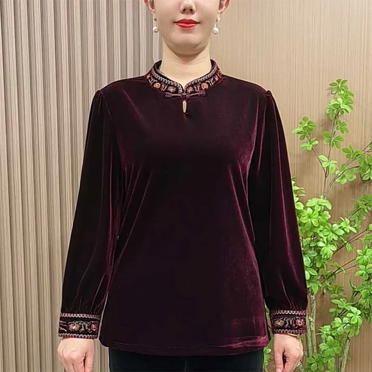 高档丝绒刺绣衬衫女短款中老年女装上衣妈妈装洋气半高领打底小衫
