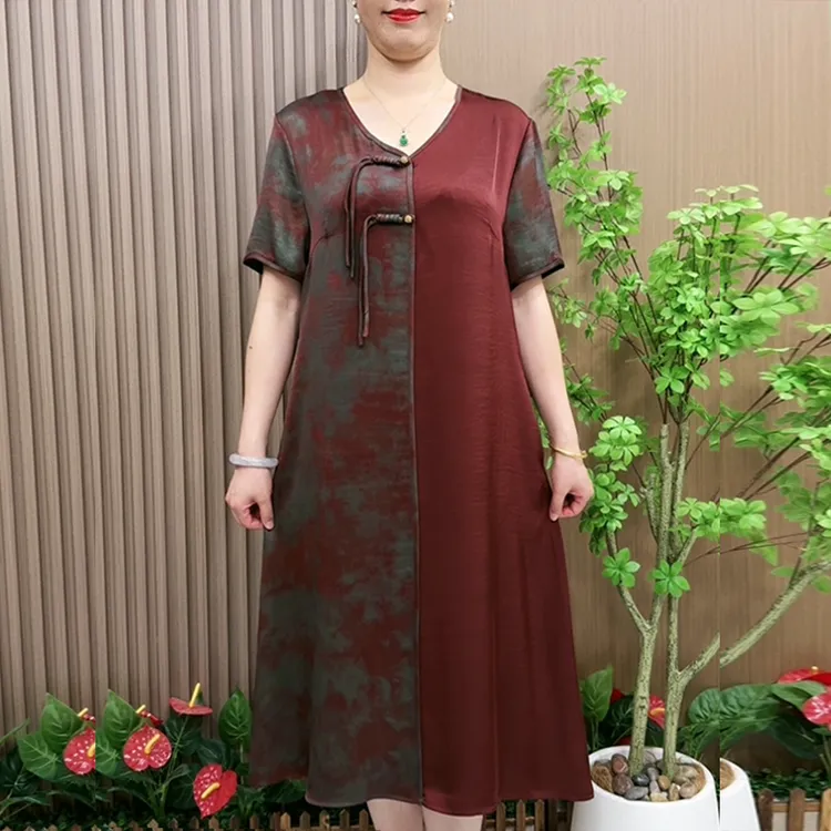 妈妈装夏季洋气连衣裙中长款中老年女装夏装大码V领宽松遮肚裙子