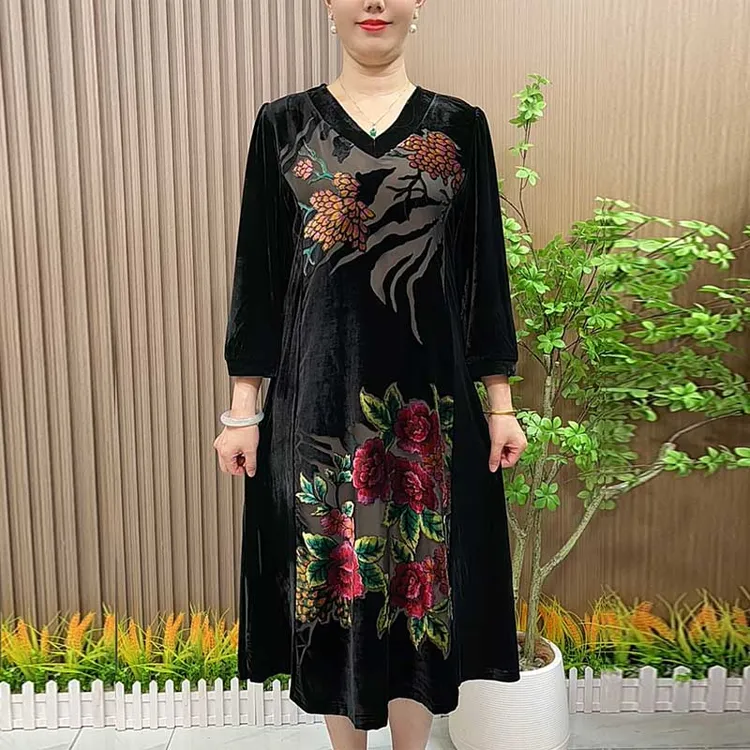 妈妈装秋装洋气连衣裙中长款2024新款中老年女装秋季大码V领裙子