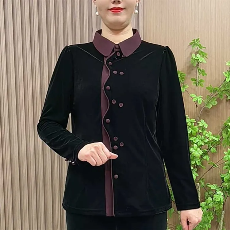 妈妈秋冬翻领丝绒小衫短款中老年女装秋季洋气显瘦斜襟开衫上衣