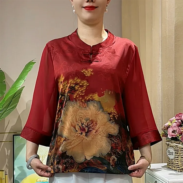 妈妈装夏装定位花国风盘扣小衫女装印花七分袖T恤上衣莫奈花园风