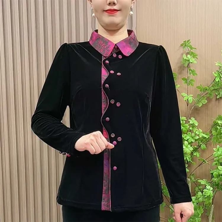 妈妈秋冬时尚娃娃领丝绒小衫短款中老年女装秋季洋气开衫拼色上衣