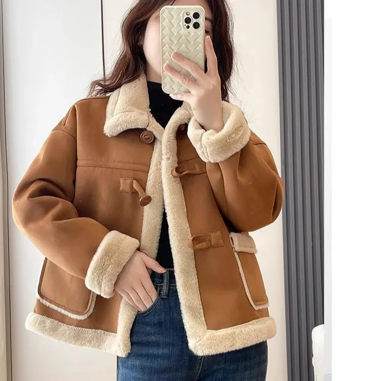 短款皮毛一体外套女颗粒绒2025秋冬新款小个子仿麂皮绒机车服外套