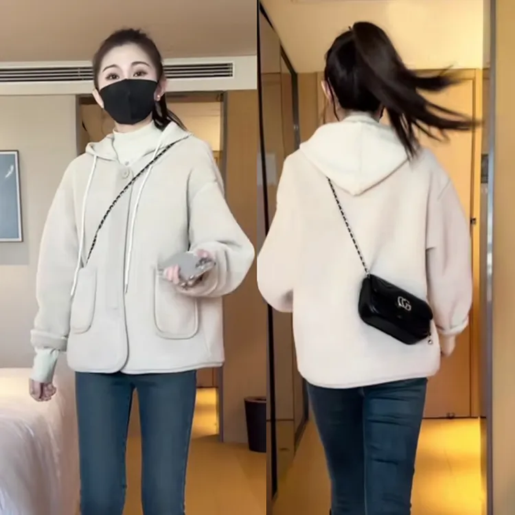 韩版连帽颗粒绒毛呢外套女2025秋冬季宽松加厚皮毛一体休闲洋气潮