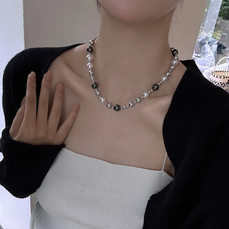 链子925银 多麻灰大小混色项链小众精致高级颈链正圆锁骨链银色