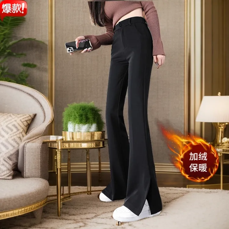 黑色开叉西装微喇裤女2025春秋爆款窄版高腰显瘦小个子垂感喇叭裤