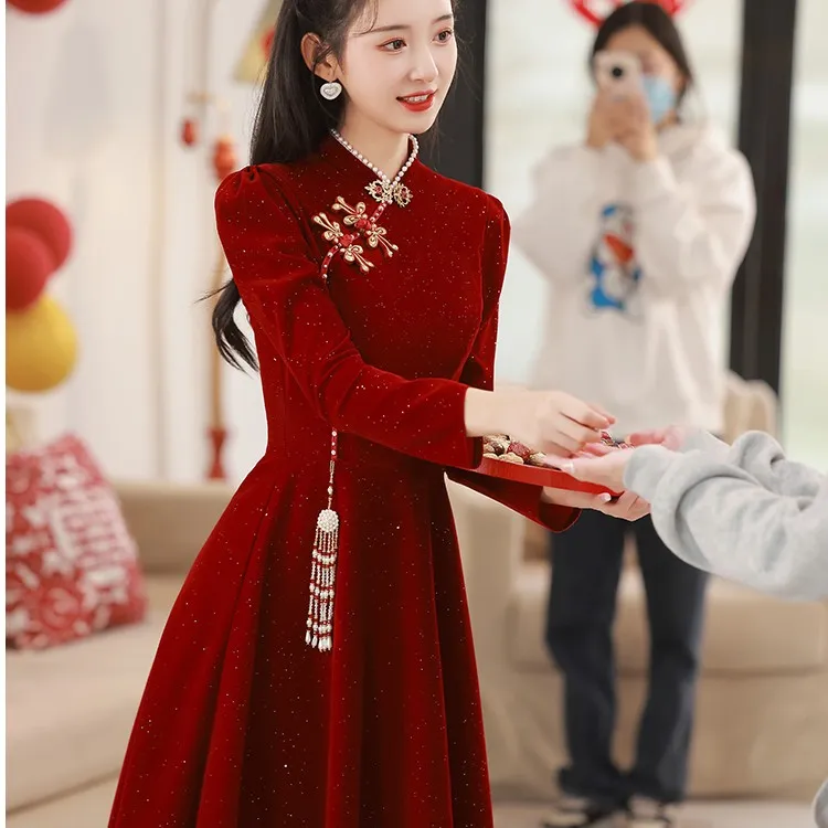 旗袍敬酒服2023新款显瘦新娘小个子回门结婚酒红色订婚礼服女中式