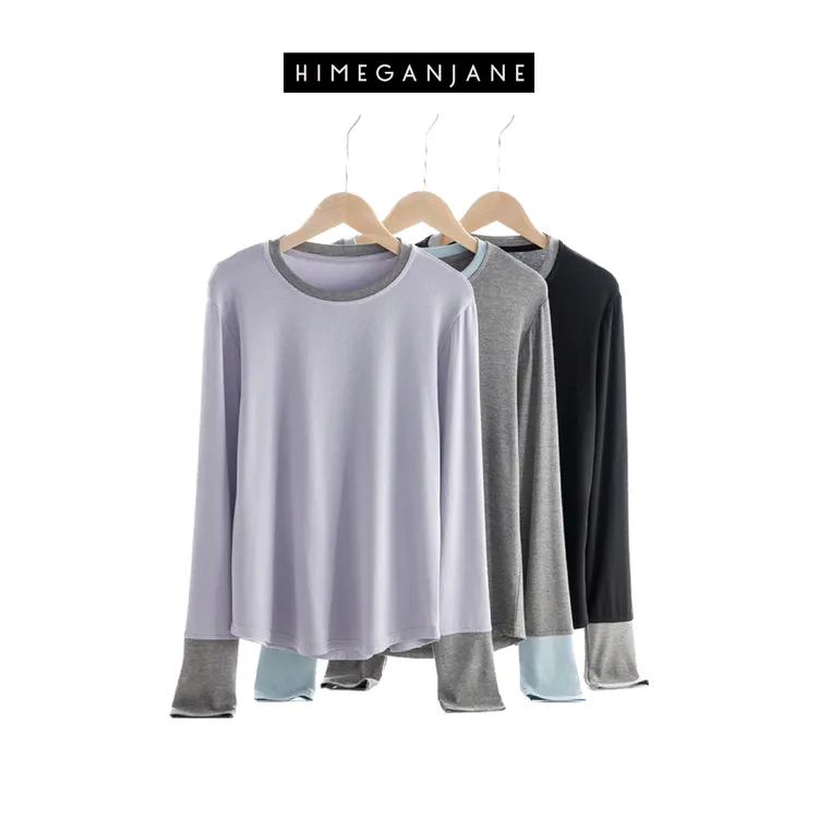 HIMEGANJANE 撞色拼接长袖T恤 4916