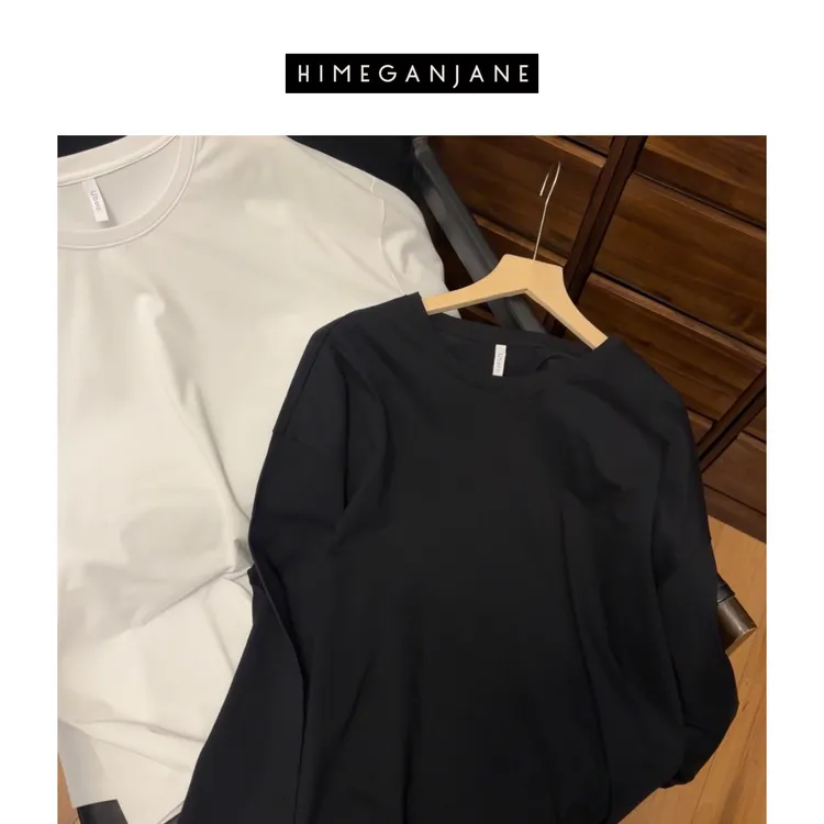 HIMEGANJANE 索罗娜宽松显瘦落肩喇叭袖时尚休闲长袖圆领T恤191L