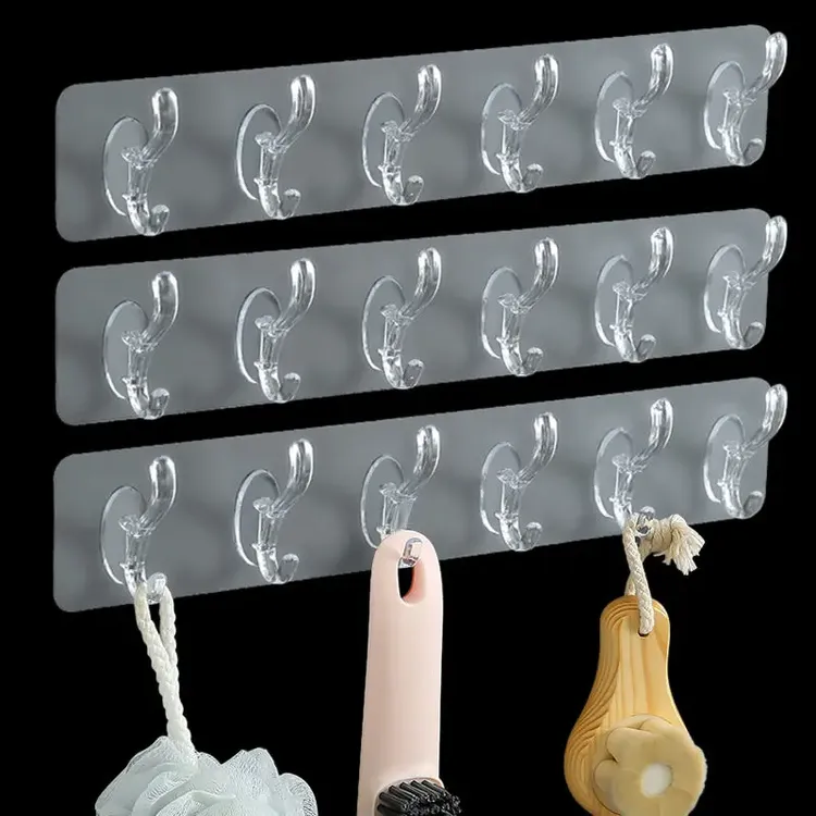 免打孔挂钩透明无痕门后卫生间家用壁挂式连体粘钩一排衣帽强力粘