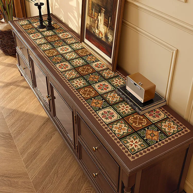 范居美拉德花砖电视柜桌垫轻奢皮革垫子边柜防水梳妆台垫长条装饰