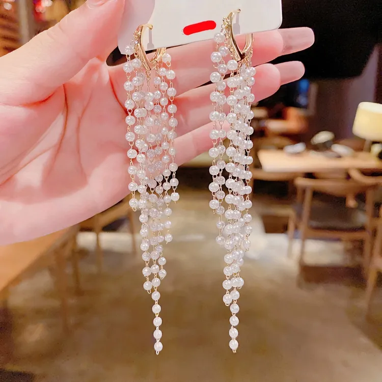 合金仿珍珠耳饰 大气轻奢珍珠流苏耳饰百搭新款气质流苏耳环耳扣