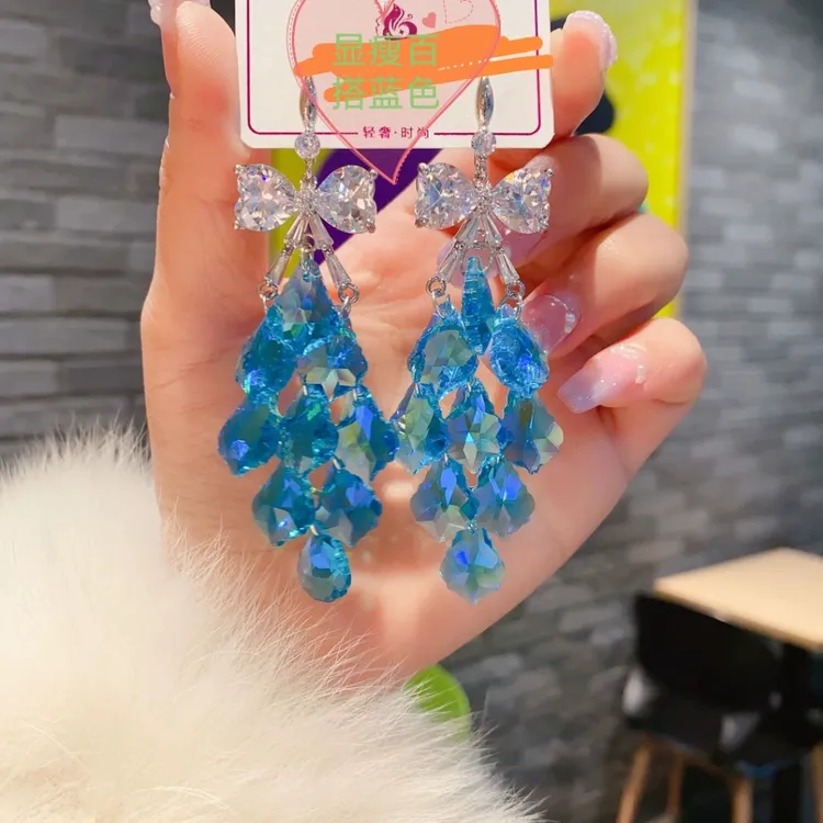 铜合金仿水晶耳饰 高级感彩色长款流苏耳环轻奢超仙气质百搭耳饰
