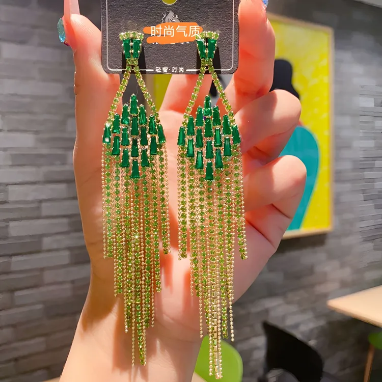 铜合金玻璃耳饰 优雅轻奢绿色长款流苏耳环女小众耳饰高级感重工