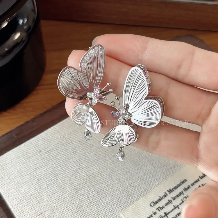 合金锆石耳饰 「紫蝶梦境」轻奢镂空紫色锆石蝴蝶耳钉耳环小众设计